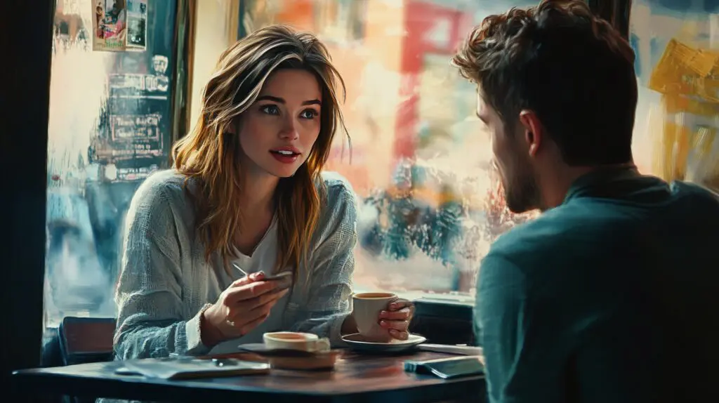 Couple enjoying coffee at a cozy cafe