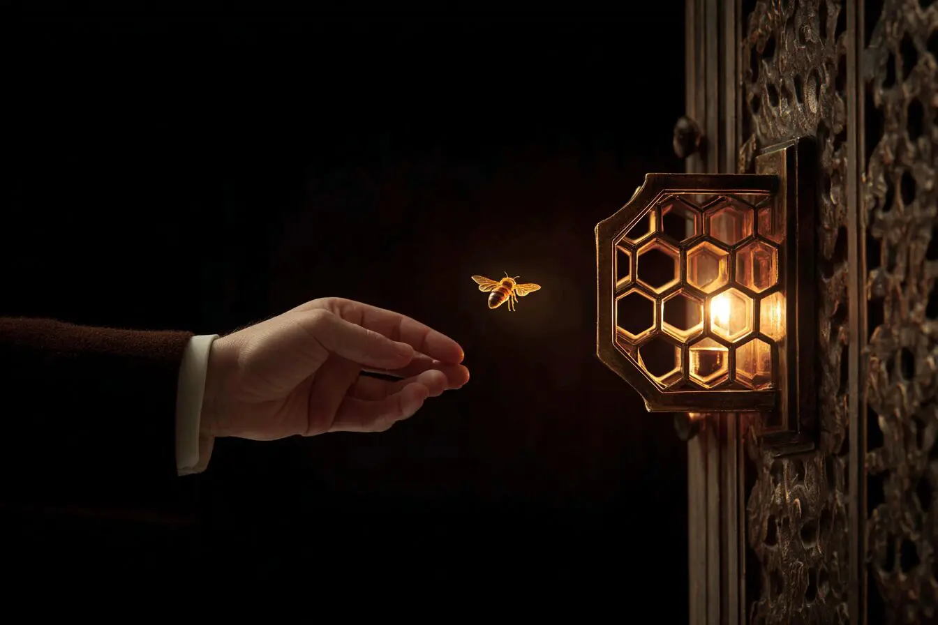 A bee flying out of a honeycomb cage illustrating how to delete Bumble account