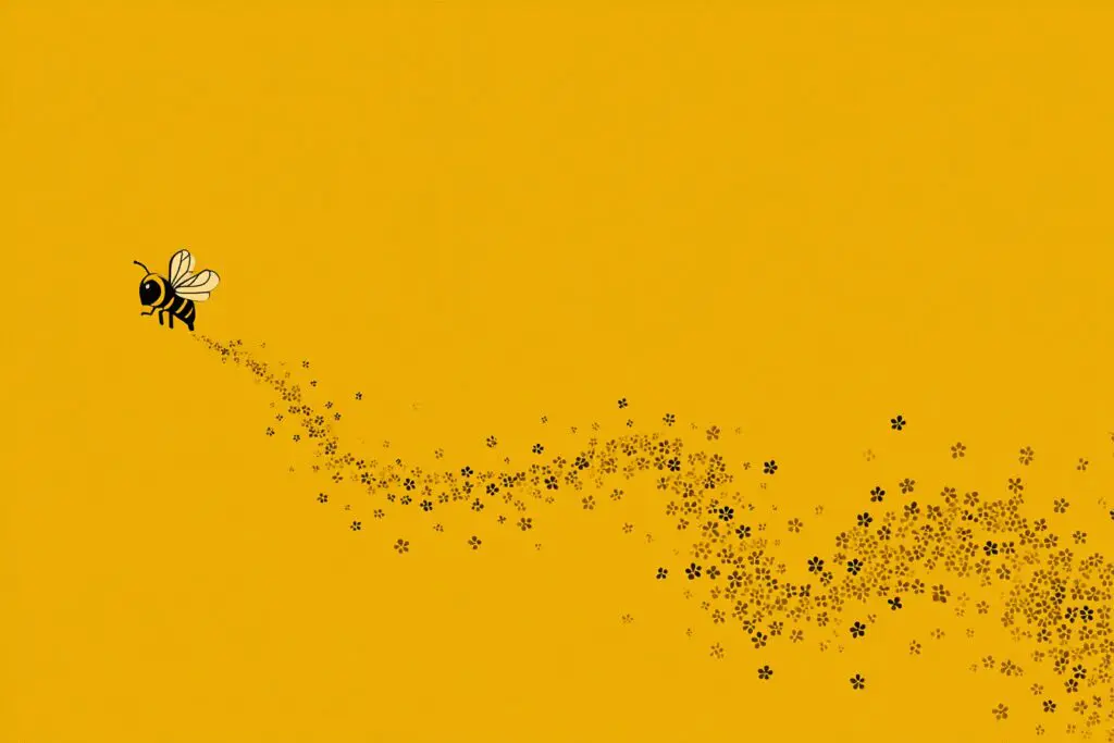 A bee leaving a trail of 100 flowers answering how many swipes do you get on Bumble
