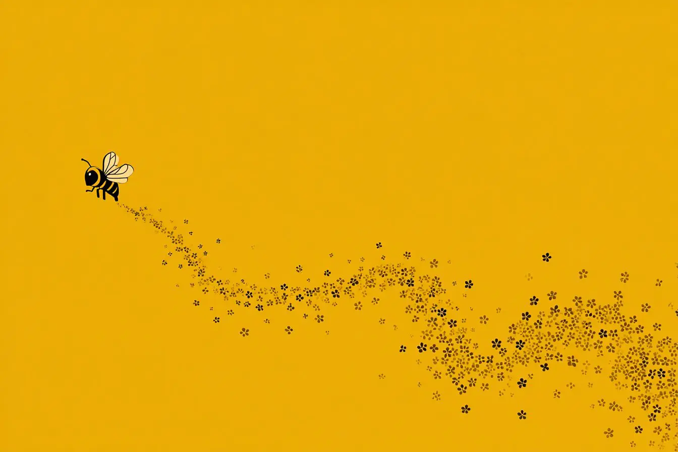 A bee leaving a trail of 100 flowers answering how many swipes do you get on Bumble