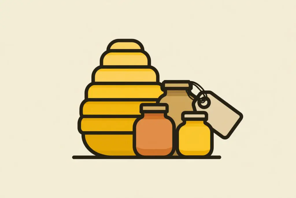 A beehive with three different sized honey pots with price tags illustrating how much is Bumble Premium