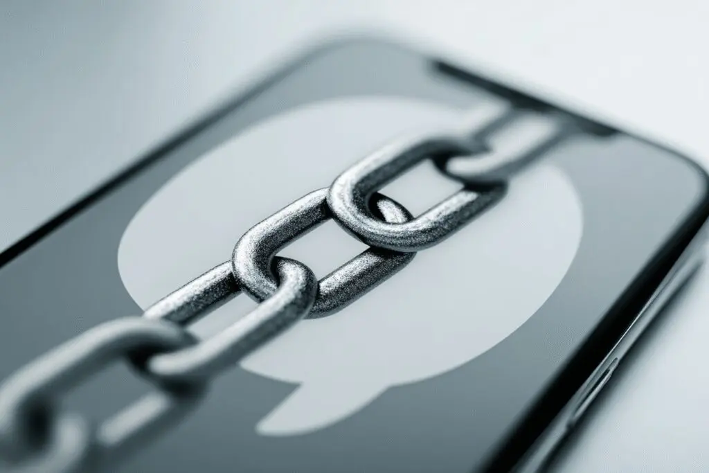 A broken chain link icon in a chat answering can you send links on Hinge