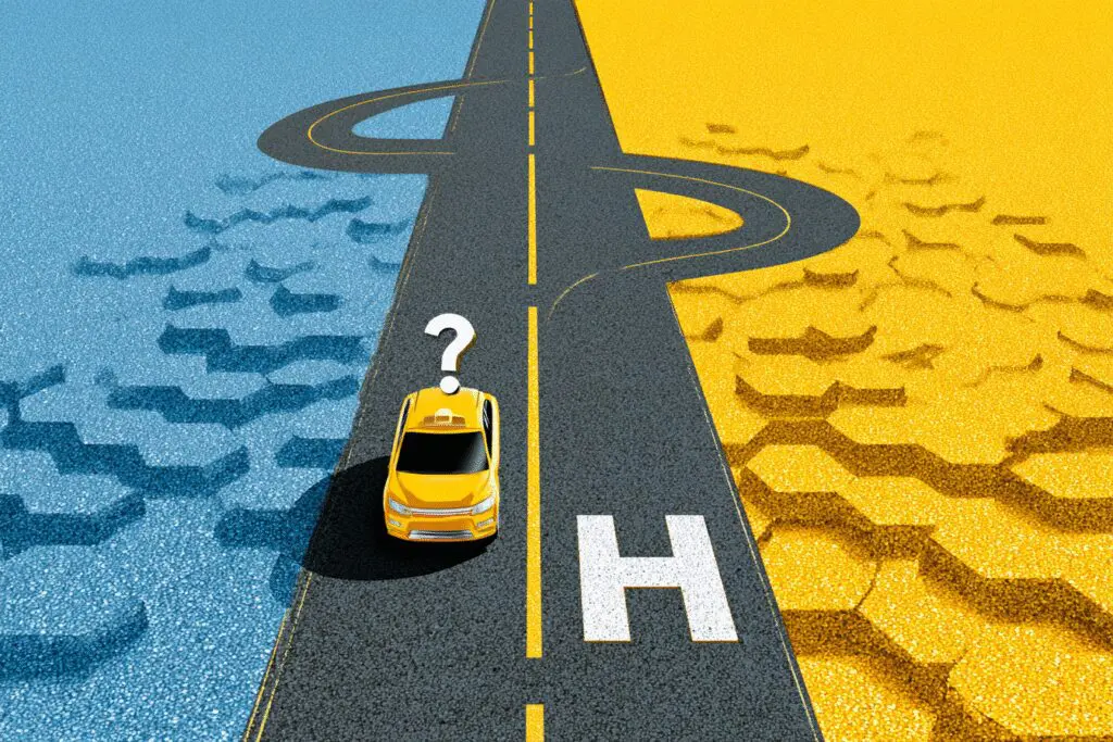 A car at a fork in the road with two app themes a visual for the FAQ is Hinge better than Tinder