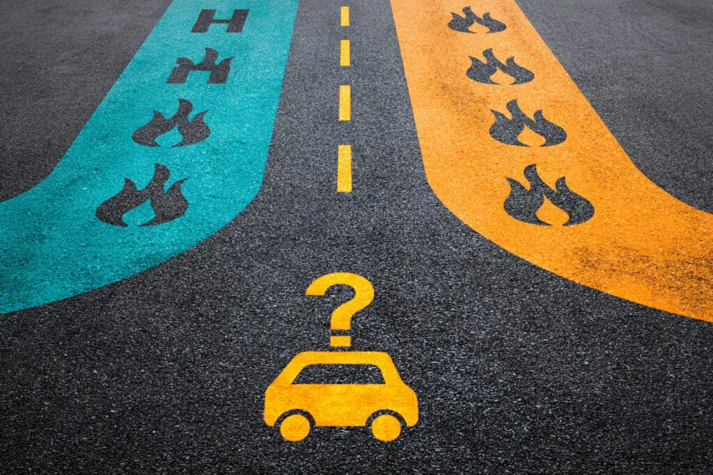A car choosing between two themed roads illustrating the FAQ is Hinge better than Bumble