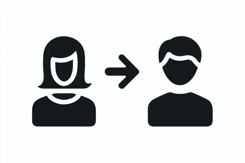 A chat bubble originating from a female profile icon explaining who messages first on Bumble