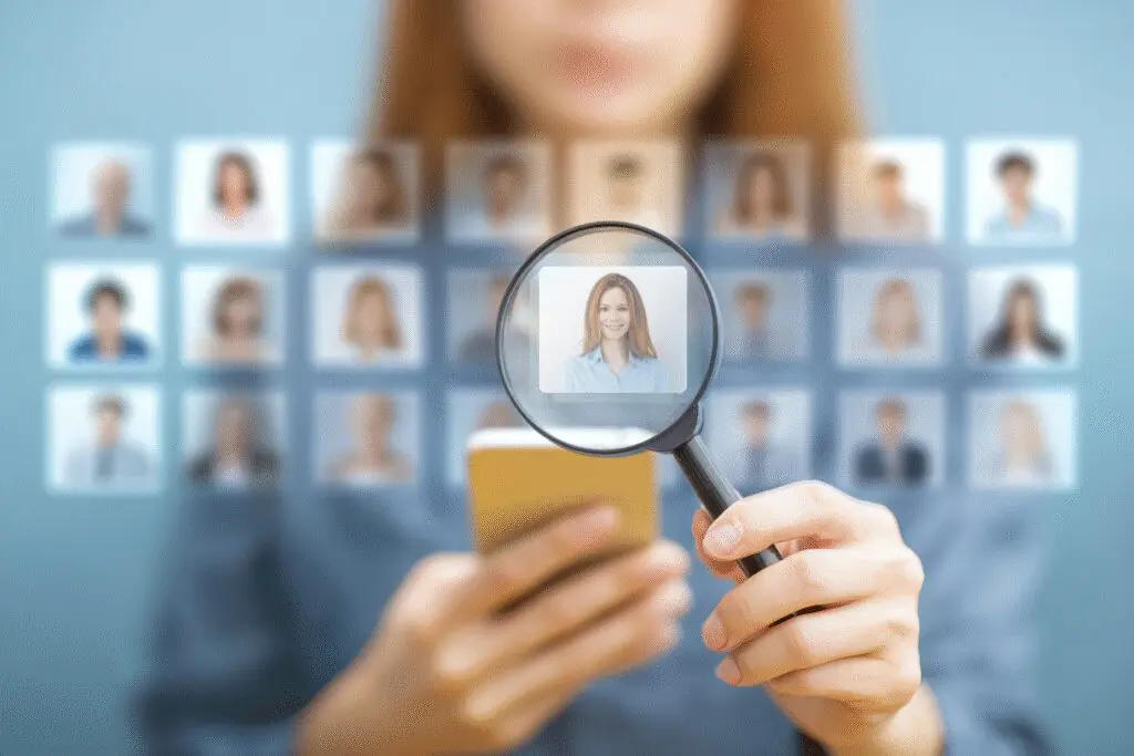 A clever visual for the FAQ on how to see who liked you on Bumble without paying using a magnifying glass to reveal a blurred photo