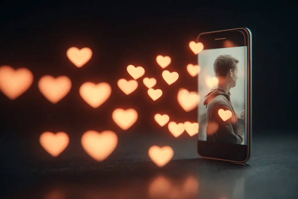A concept for the FAQ on how to get more likes on Bumble with multiple heart icons flying towards a great profile photo
