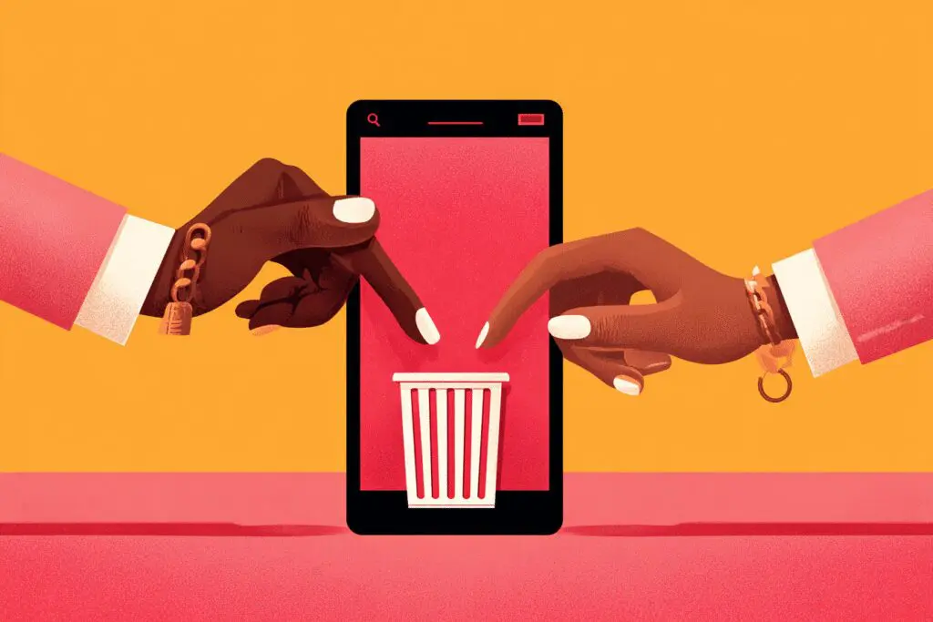 A couple deleting a dating app together explaining what Hinge is known for as the app designed to be deleted