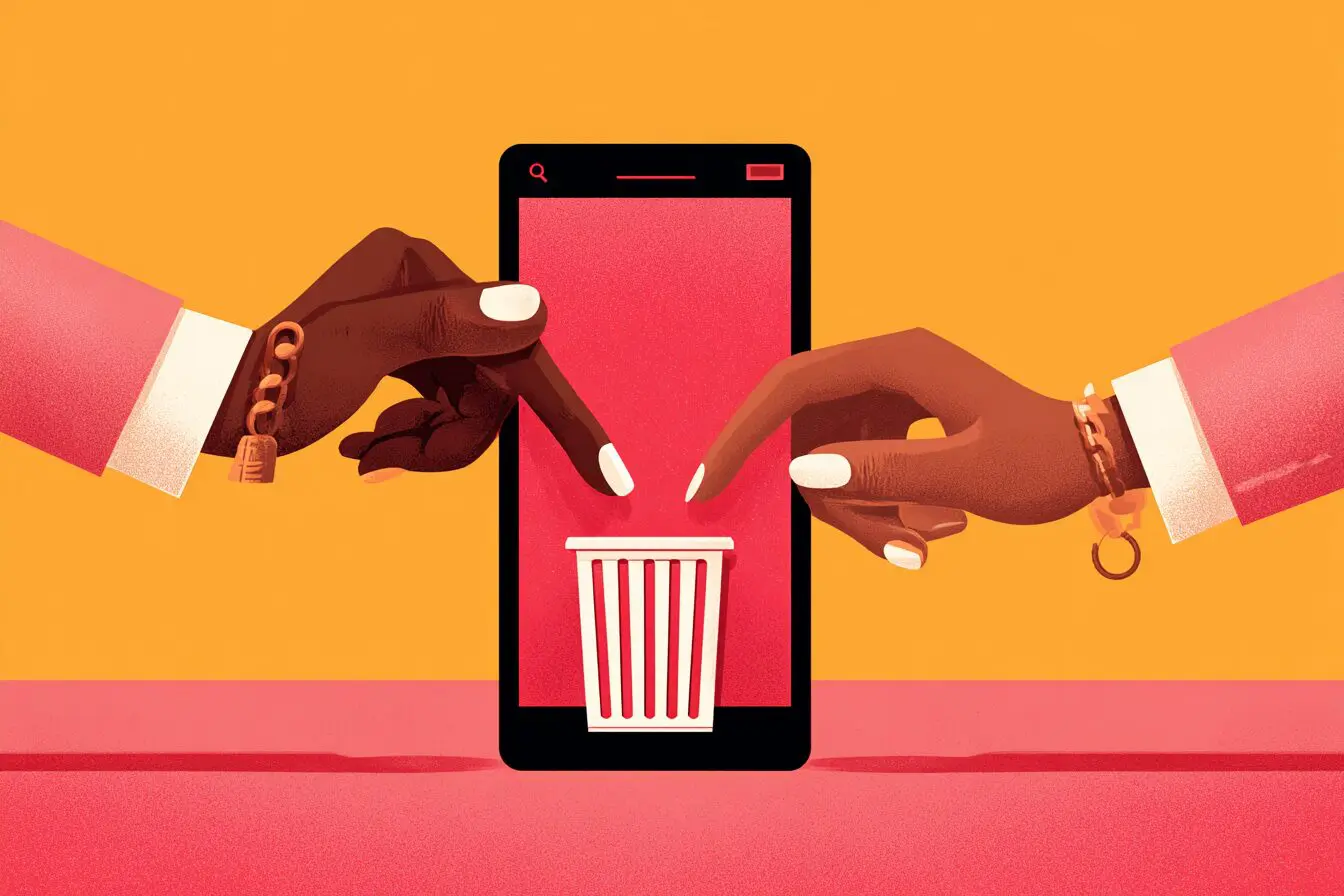 A couple deleting a dating app together explaining what Hinge is known for as the app designed to be deleted