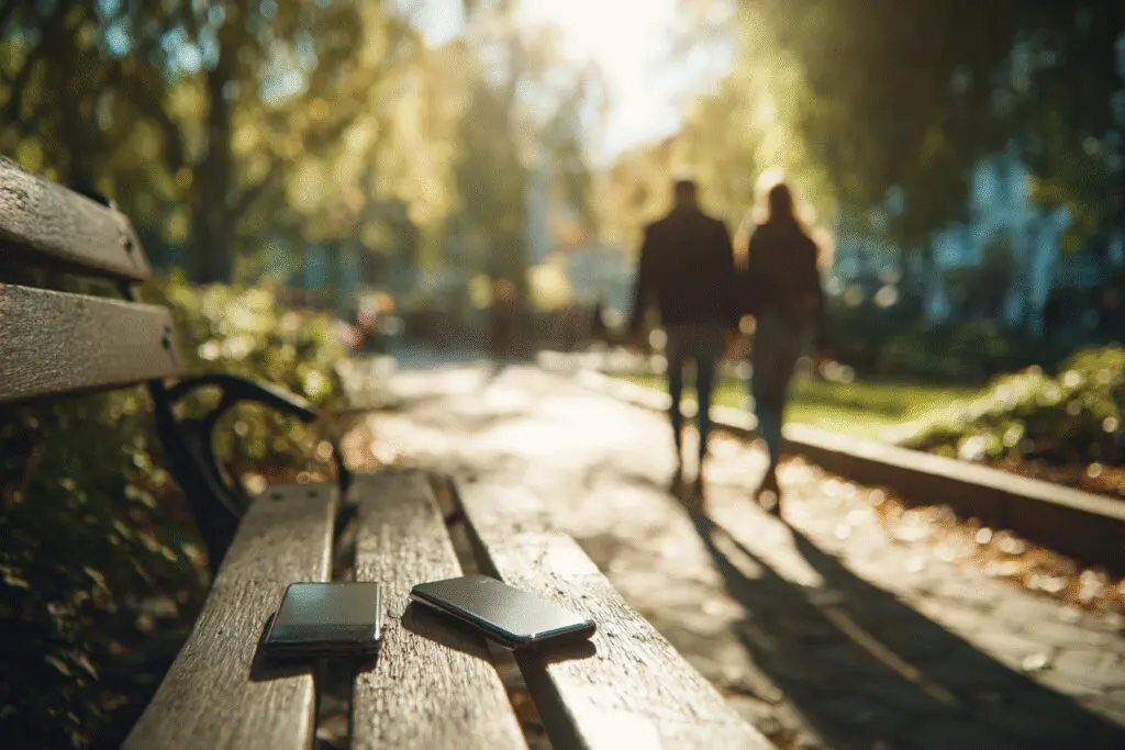 A couple walking away from their phones a visual metaphor for the FAQ on what is Hinge known for