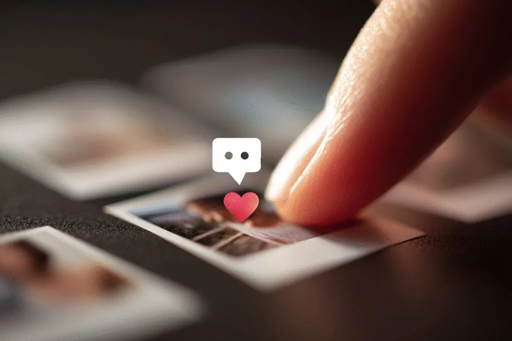 A finger commenting on a specific photo answering the FAQ on how to like a profile on Hinge