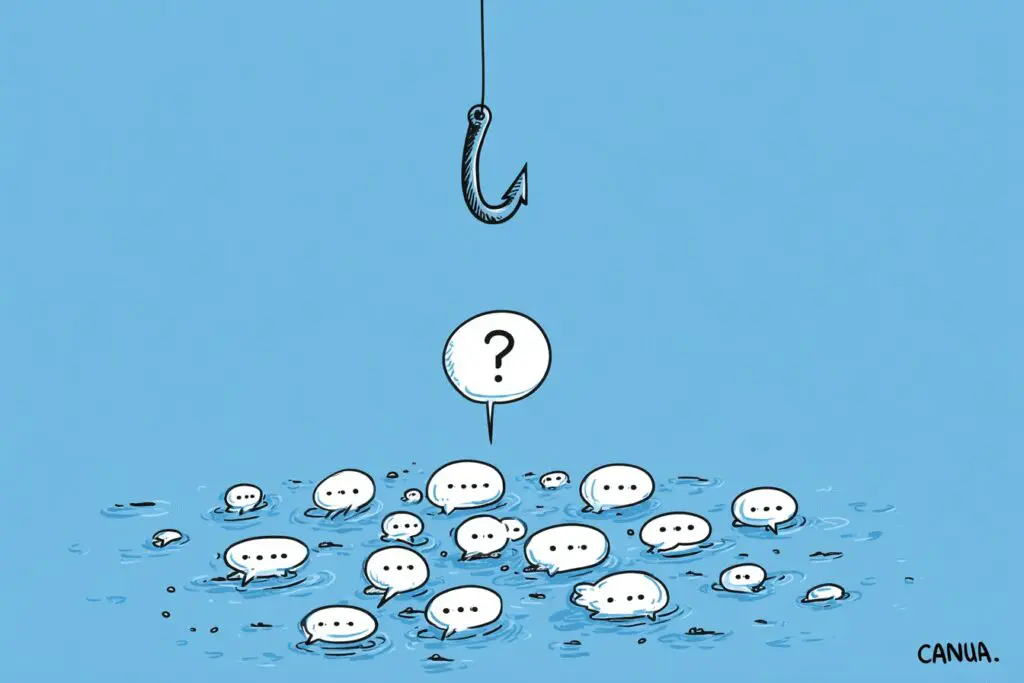 A friendly fishing hook catching a speech bubble answering the FAQ on how to start a conversation on Hinge