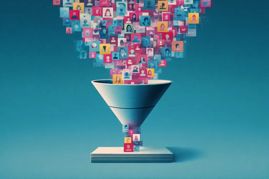 A funnel filtering contacts before they enter an app explaining the answer to the FAQ can you block contacts on Hinge