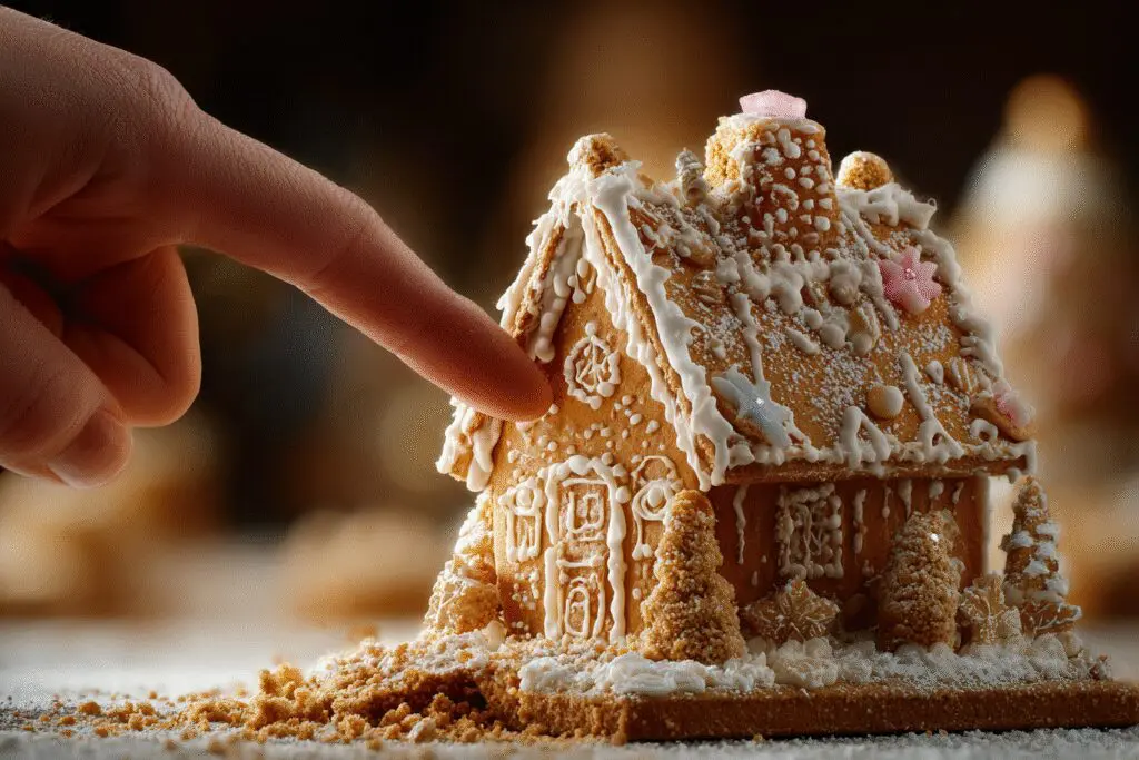 A gingerbread house crumbling when touched a metaphor for the FAQ on how to tell if a Hinge profile is fake