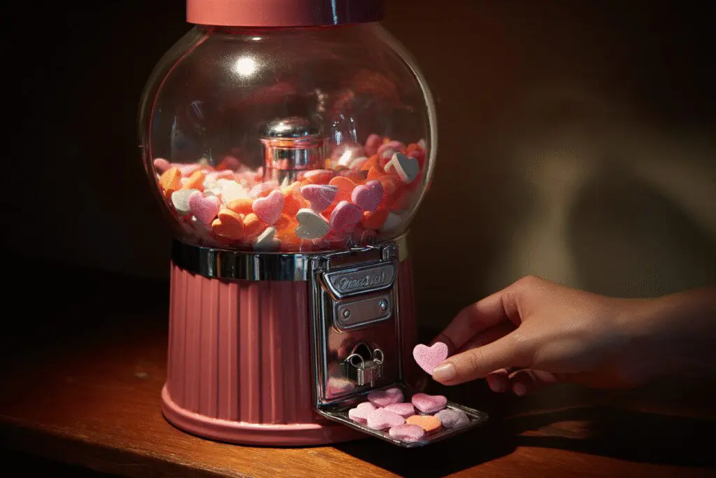 A gumball machine dispensing a limited number of hearts answering the FAQ on how many likes do you get on Hinge a day