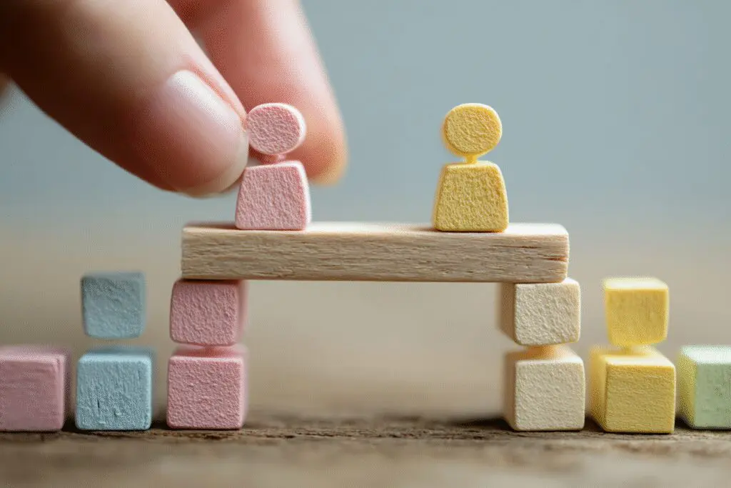 A hand building a bridge of blocks between two profiles a guide on how to start a conversation on Bumble