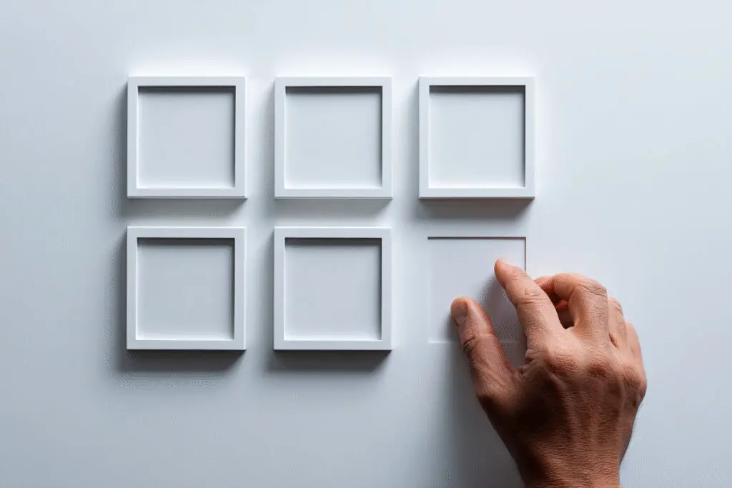 A hand completing a grid of six photos on a profile illustrating how many pictures do you need for Hinge