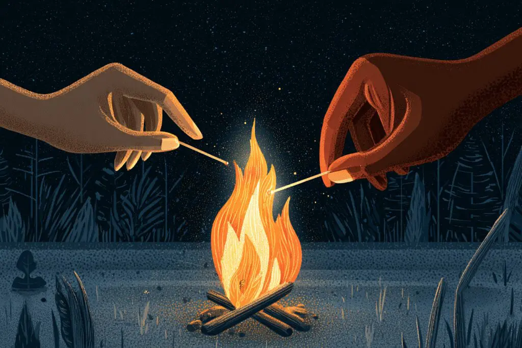 A hand lighting a campfire between two profiles a guide for the FAQ on how to start a conversation on Bumble - Dating Man Secrets - Psychology Attraction Tips Revealed A hand lighting a campfire between two profiles a guide for the FAQ on how to start a conversation on Bumble