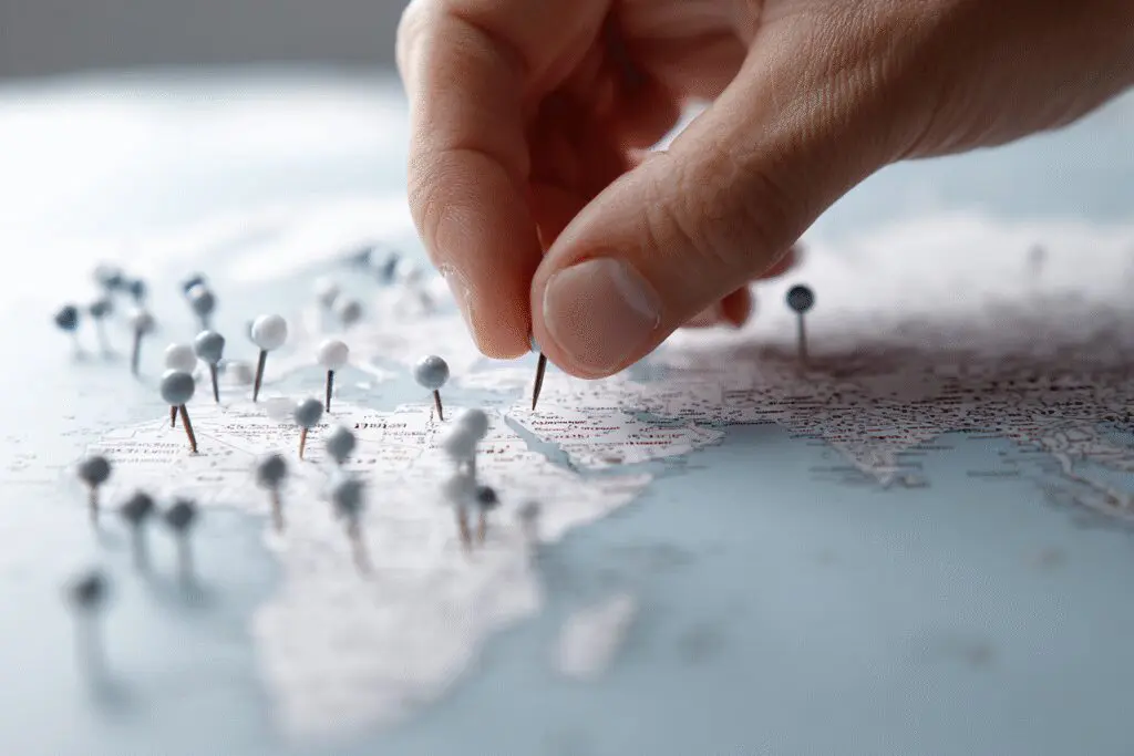 A hand moving a profile pin on a map explaining how to change location on Hinge