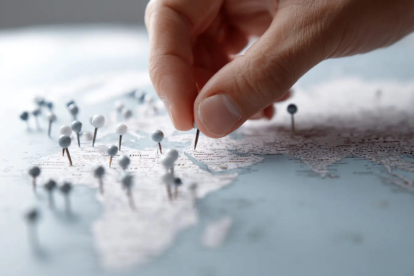 A hand moving a profile pin on a map explaining how to change location on Hinge