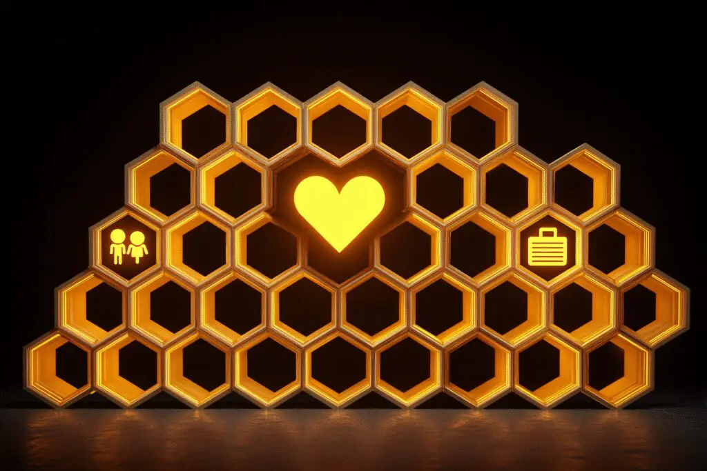 A honeycomb with icons for dating friends and business explaining that Bumble is a dating app and more