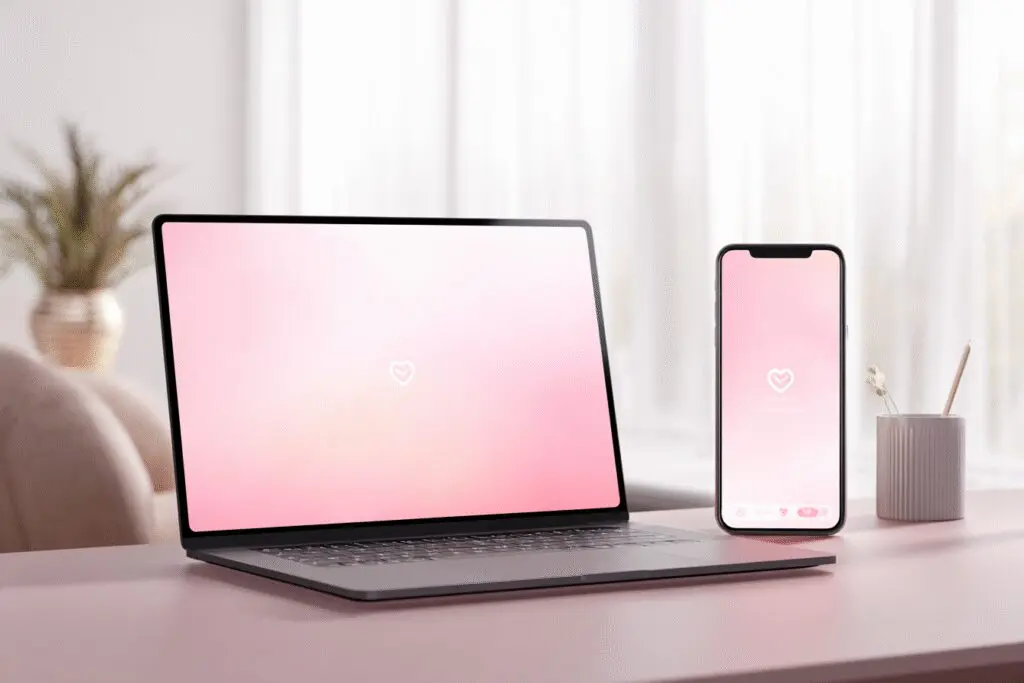 A laptop and smartphone showing the same app screen answering can I use Hinge on my computer