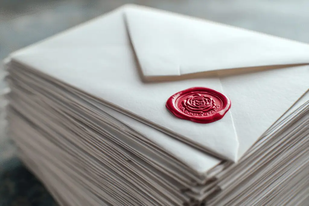 A letter sealed with a rose wax stamp placed on top of a pile explaining the answer to the FAQ on what does a Rose mean on Hinge