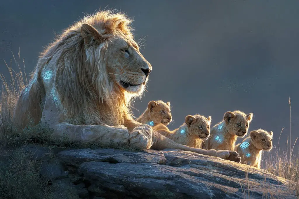 A lion watching over cubs with different app icons explaining the answer to the FAQ on who owns Hinge