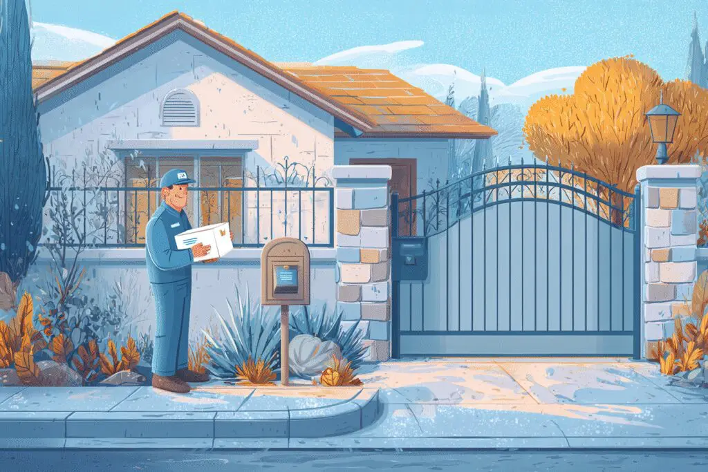 A mail carrier blocked by a security gate a visual metaphor for the FAQ can you send links on Hinge