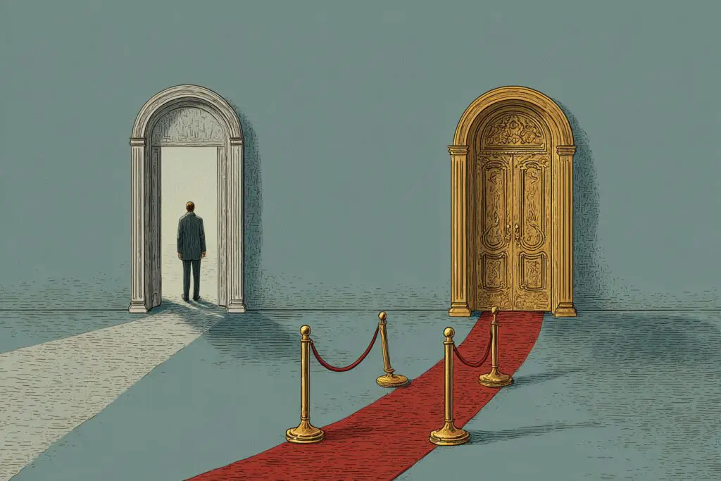 A person choosing an open door over a roped-off one a metaphor for the FAQ is Hinge free