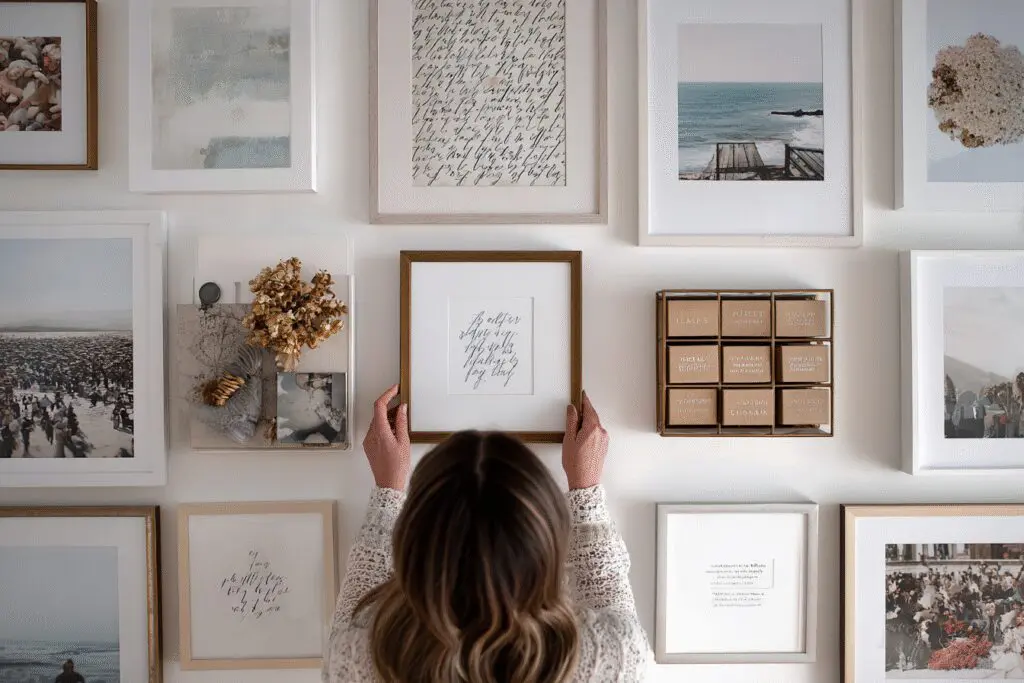 A person curating a gallery wall a guide for the FAQ on how to make a good Hinge profile