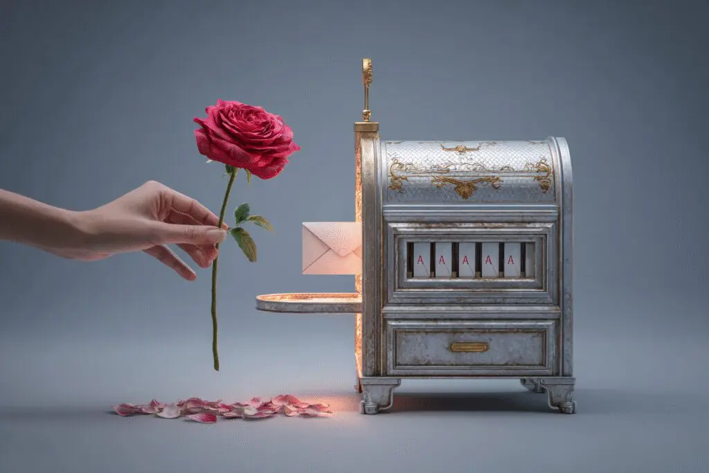 A rose being put into a VIP mail slot explaining the answer to the FAQ on how do Roses work on Hinge