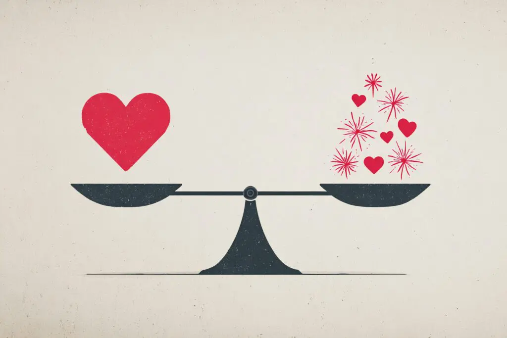 A scale weighing a heart against fireworks answering the FAQ is Hinge a hookup site