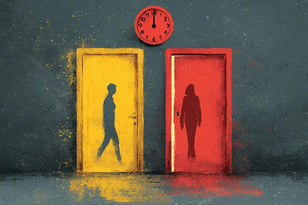 A woman exiting a door while a man waits illustrating that girls message first on Bumble