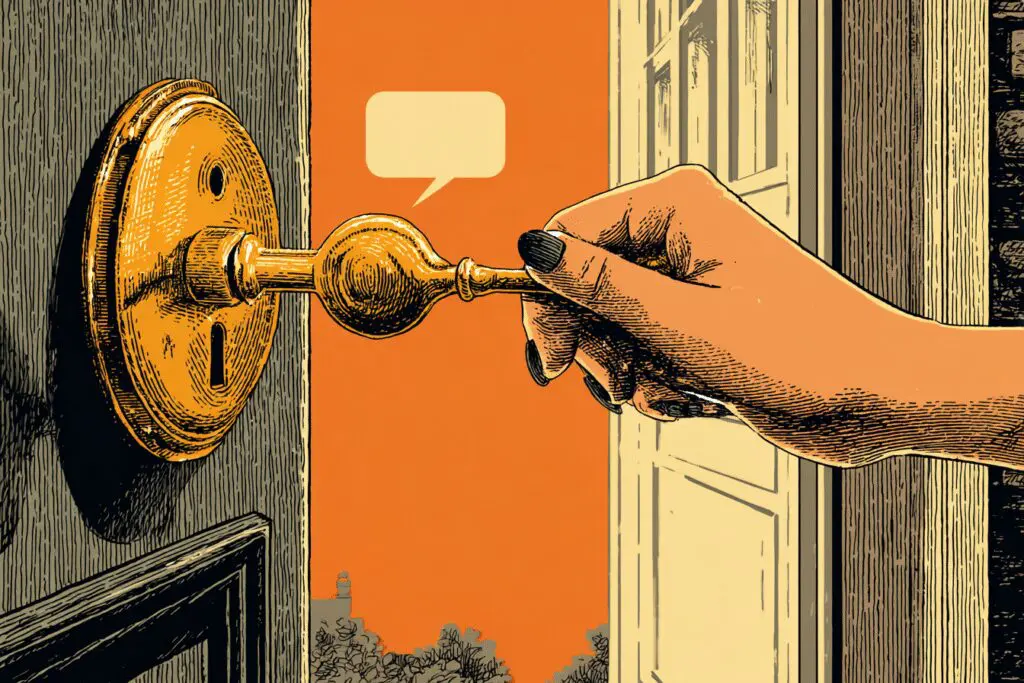 A womans hand unlocking a conversation with a key answering the FAQ on how does Bumble work