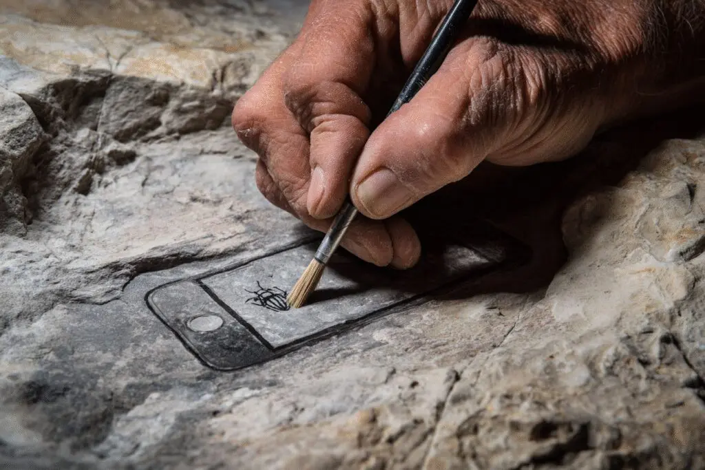 An archeologist uncovering a fossil of a phone with a bee icon answering the FAQ on when did Bumble come out
