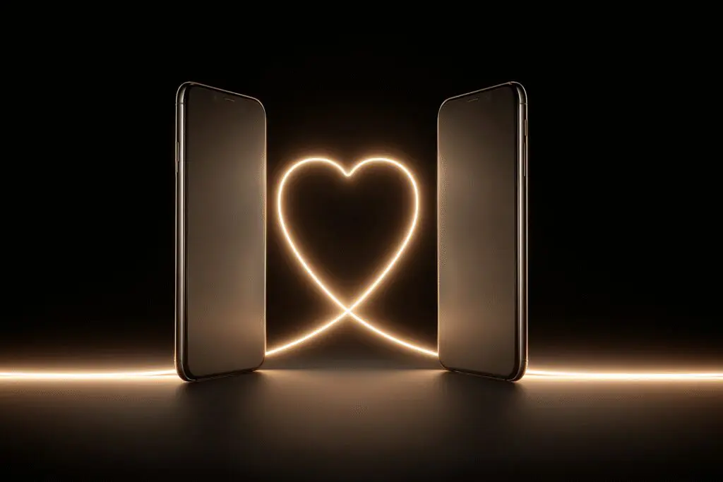 Two phones connecting to form a heart a metaphor for how to match on Hinge