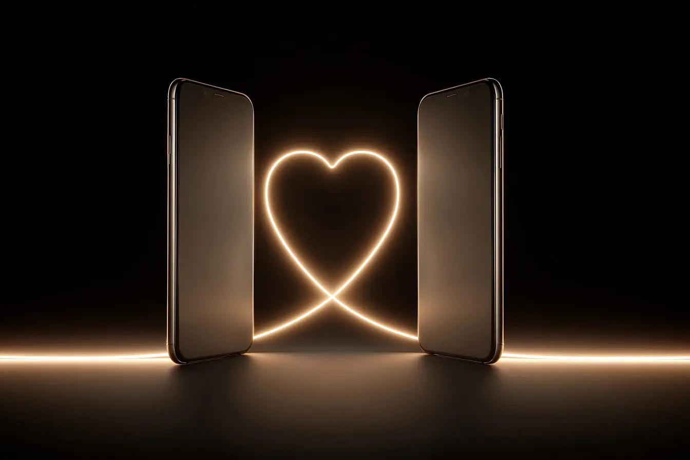 Two phones connecting to form a heart a metaphor for how to match on Hinge