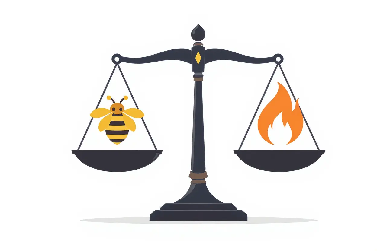 a balance scale comparing a bee icon and a flame icon for the topic is bumble better than tinder