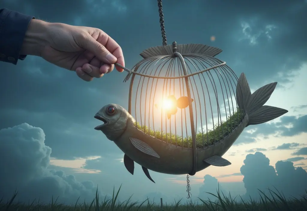 a bird being released from a fish-shaped cage which shows how to cancel plenty of fish