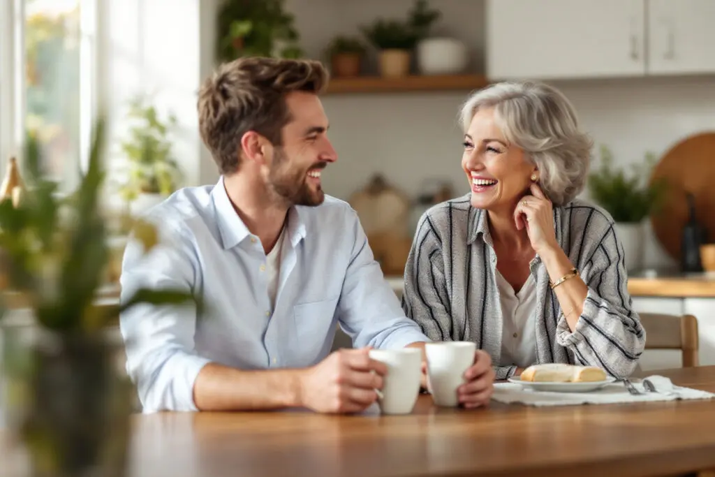a candid photo showing a healthy and happy relationship with his mom as a grown son and his mother laugh together over coffee