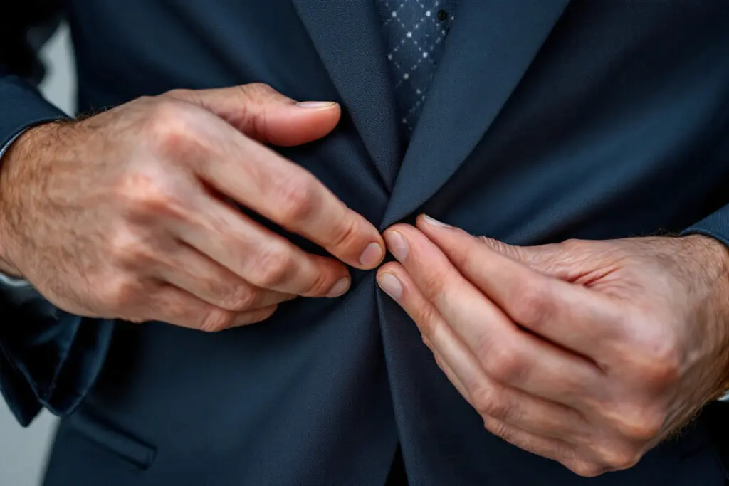 a close-up realistic image of a mans hands trying to smooth out subtle wrinkles in a suit symbolizing what men are insecure about in their presentation