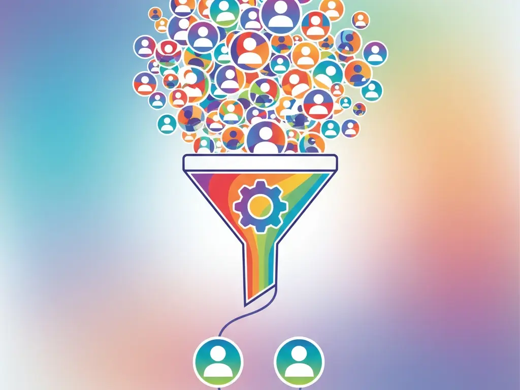 a conceptual illustration of the tinder algorithm showing many diverse profiles being filtered down to create a perfect match for the user