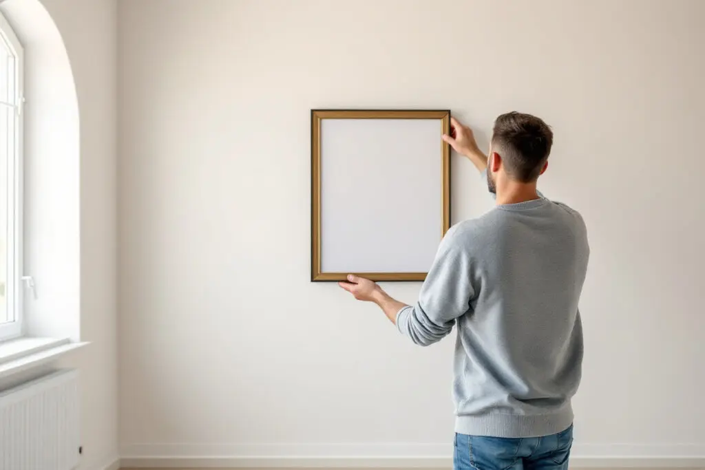 a conceptual photo exploring why men rebound showing a man hanging an empty picture frame in a bare room symbolizing a quick attempt to fill a void - Dating Man Secrets - Psychology Attraction Tips Revealed a conceptual photo exploring why men rebound showing a man hanging an empty picture frame in a bare room symbolizing a quick attempt to fill a void