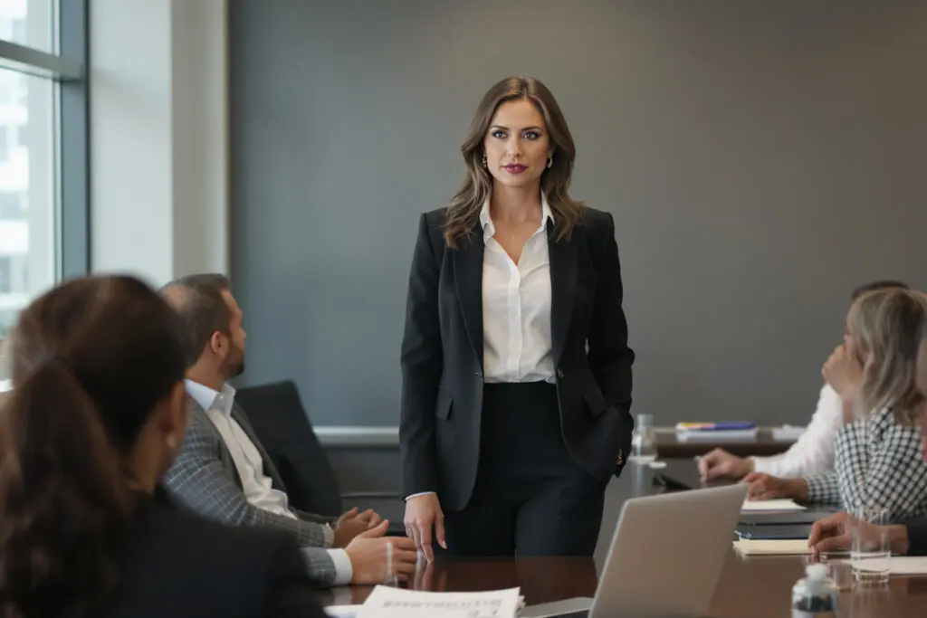 a confident woman commanding respect and causing slight unease in a boardroom representing the signs you are an intimidating woman