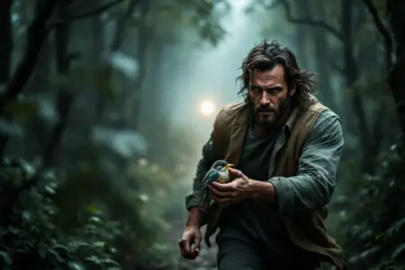 a dramatic image of a man running through a smoky forest carefully carrying a small bird demonstrating the hero instinct