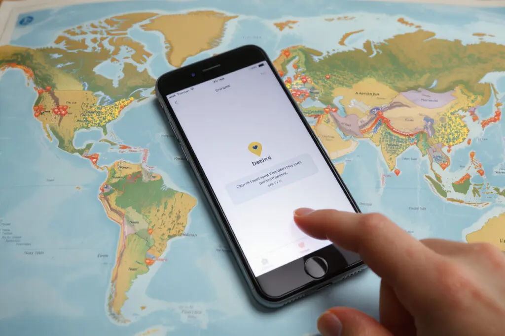 a finger pointing to a new city on a map next to a phone explaining what does travel mode on bumble mean