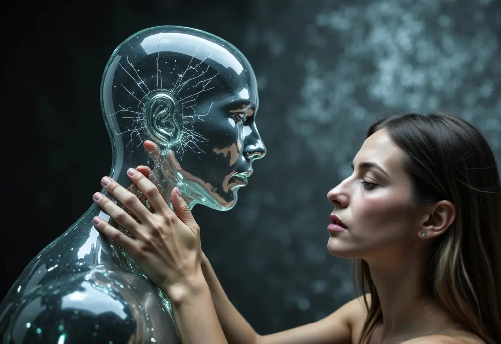 a fragile glass man cracking at a gentle touch representing the question why does my boyfriend get mad at me so easily
