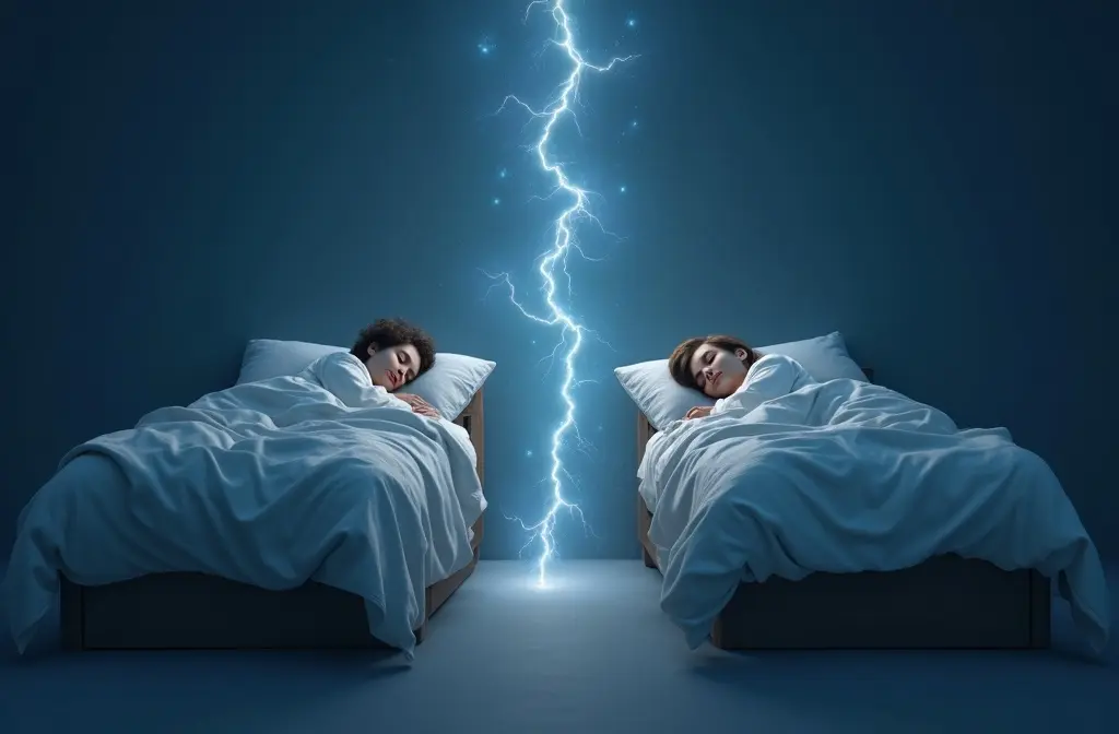 a glowing thread connecting two sleeping people posing the question when you dream about someone are they thinking of you