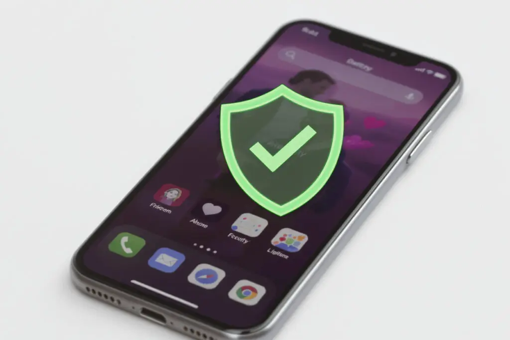a green shield icon over a dating app on a phone addressing the question is bumble legit